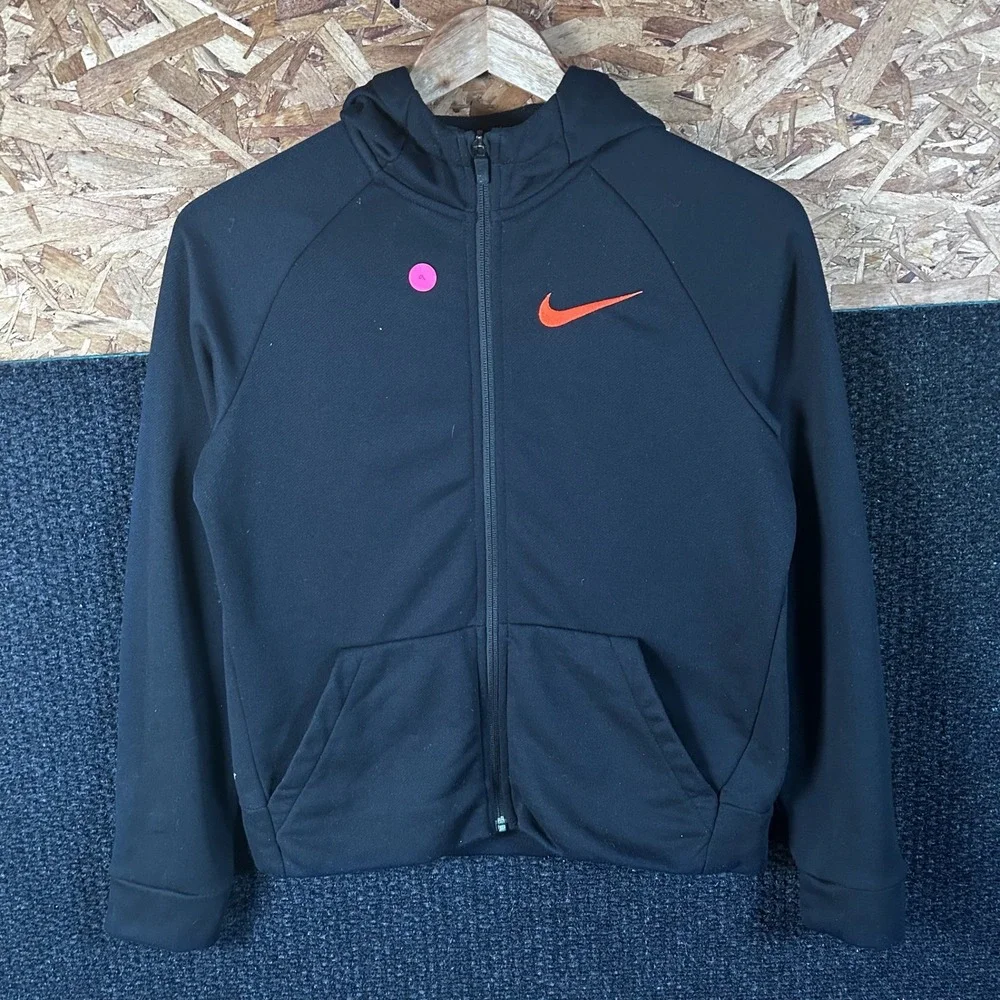 Nike Dri-Fit Full Zip Hoodie Black Orange Swoosh Boys Large L Activewear Jacket